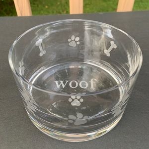 Etched glass dog bowl. ‘Woof’
